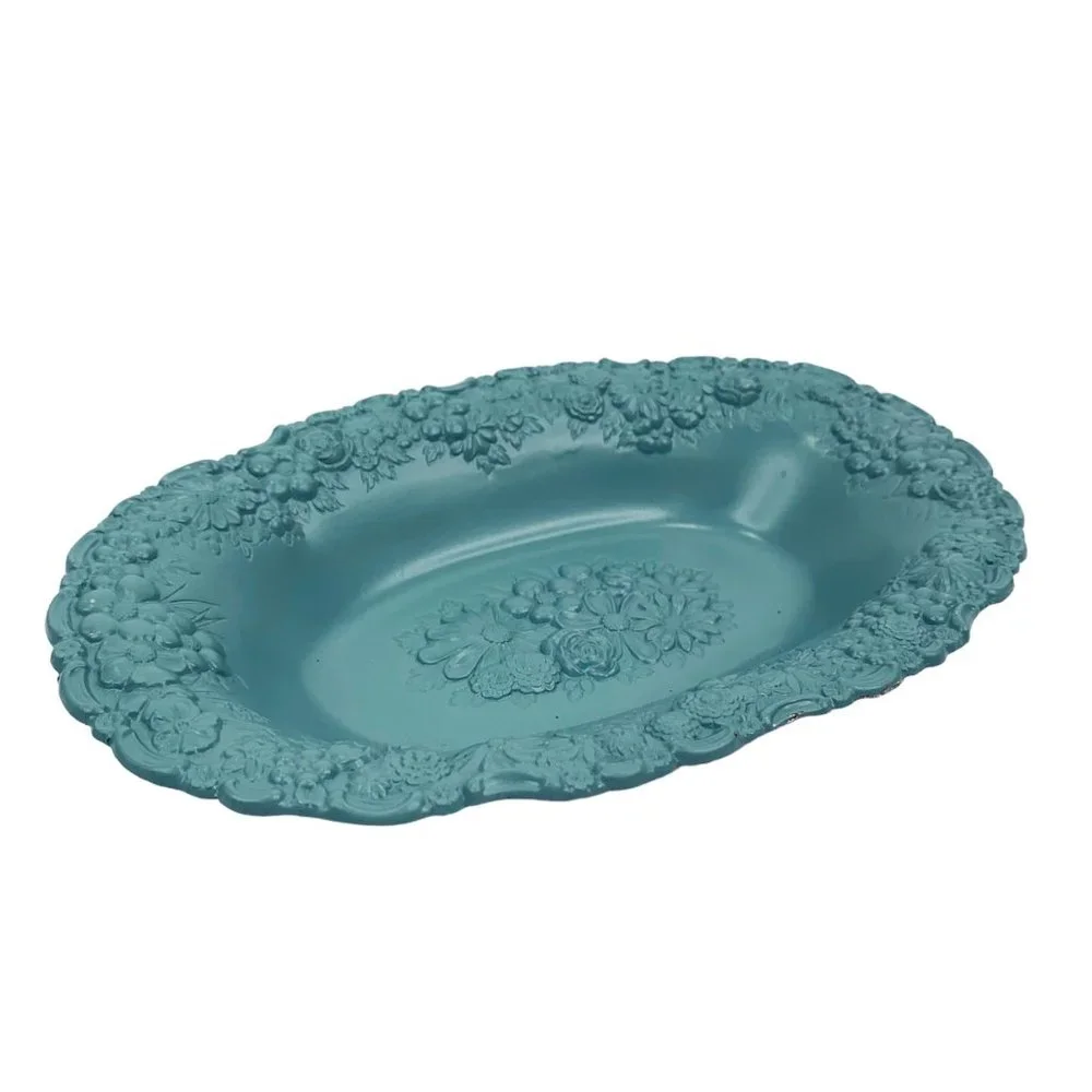 Vtg Trinket Dish Jewelry Tray Soap Blue Painted Metal High Relief Floral Ornate